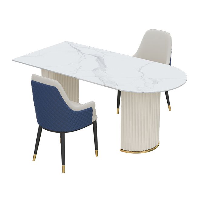 Irregular Island Sintered Stone Dining Table Modern Table in White with Metal Double Pedestal