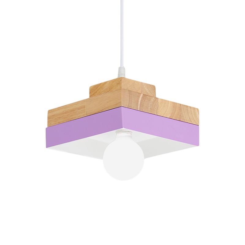 Macaron Circle/Square Down Lighting Metal 1-Light Living Room Hanging Ceiling Lamp in Orange/Purple/Yellow and Wood