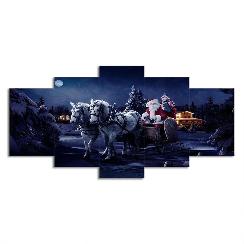 Christmas Carriage Santa Claus Canvas Kids Style Multi-Piece Wall Art Decor in Dark Blue
