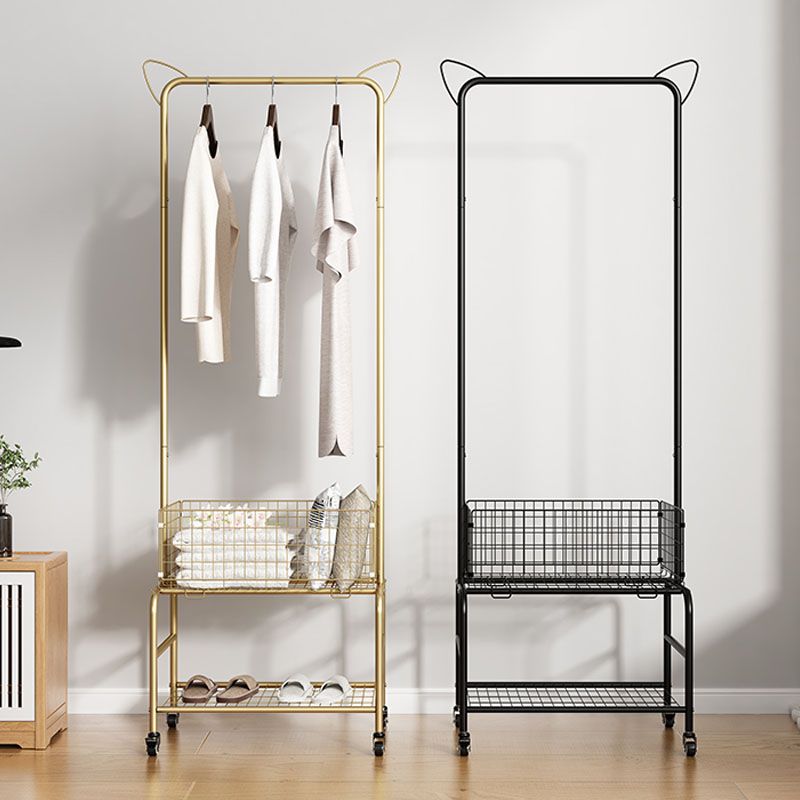 Contemporary Metal Coat Hanger Storage Basket Lower Shelf and Castor Entry Hall Tree