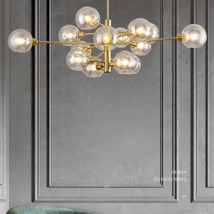 Full Copper Molecular Styling Chandelier Transparent Glass Orb Nordic Simplicity Lighting Fixture in Gold