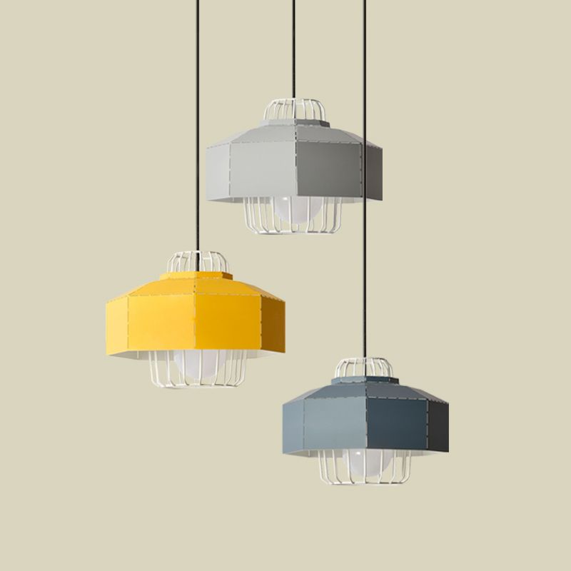 Macaron Faceted Barn Shaped Drop Pendant Iron 3 Heads Living Room Multi Hanging Light with Black Round/Linear Canopy