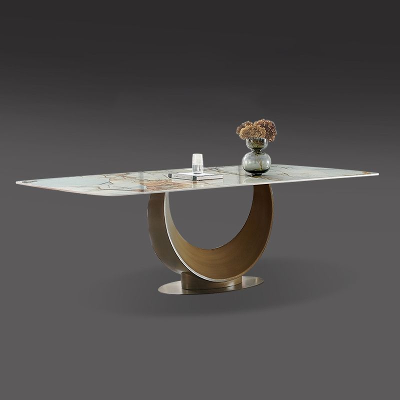 Mesa de comedor rectangular de lujo tradicional de metal Mesa de comedor de piedra sinterizada con pedestal