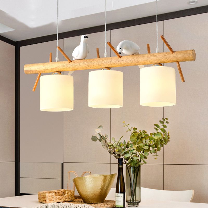 Modern Wood Pendant Light Cylinder Shape Island Light with Glass Shade for Living Room