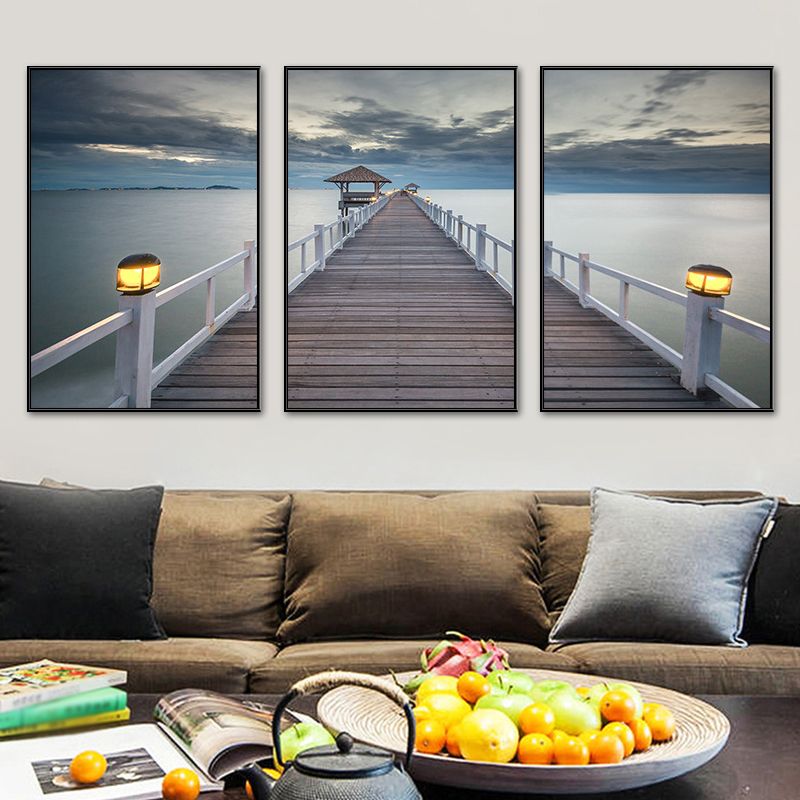Seaside Bridge Scene Art Print Modern Canvas Multi-Piece Painting in Soft Color, Set of Three