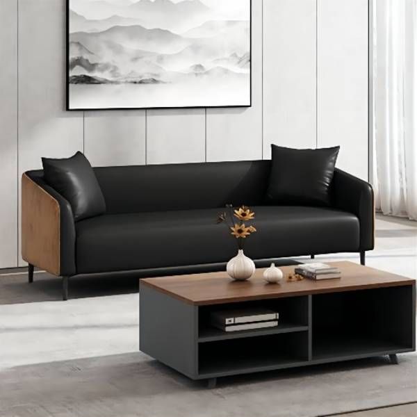 Modernism Faux Leather Sofa Tuxedo Arm Sofa with Wood Grain Accent