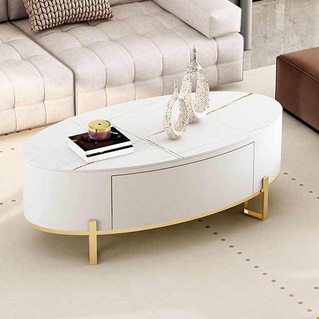 4 Legs Coffee Table Oval Slate Top Cocktail Table with Drawer