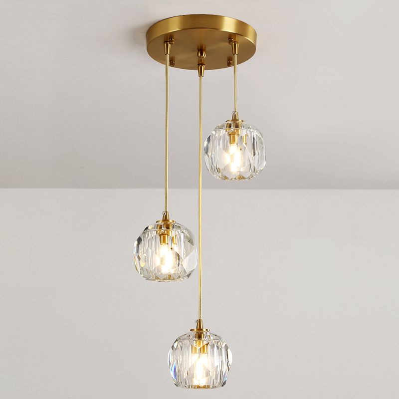 Dome Shade Pendant Light Contemporary Faceted Crystal Staircase Suspension Light Fixture in Brass