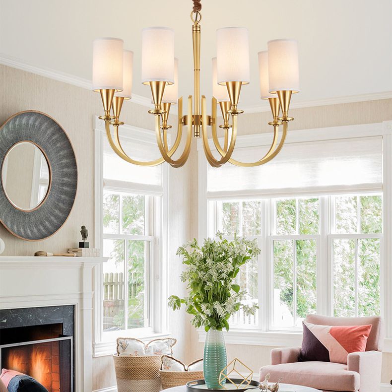 Brass American Traditional Style Chandelier Cylindrical Fabric Shade Dining Room Lighting Fixture with 19.6" Adjustable Suspension Chain