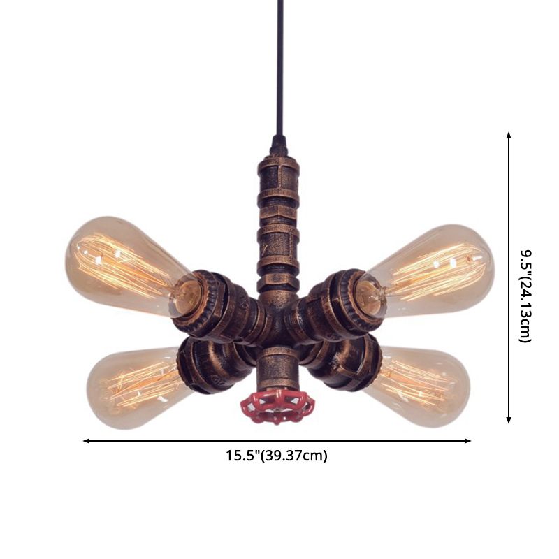 Antique Bronze Water Pipe Hanging Pendant Light Industrial Style Metal 4 Lights Bare Bulb Lighting Fixture for Restaurant Cafe Shop