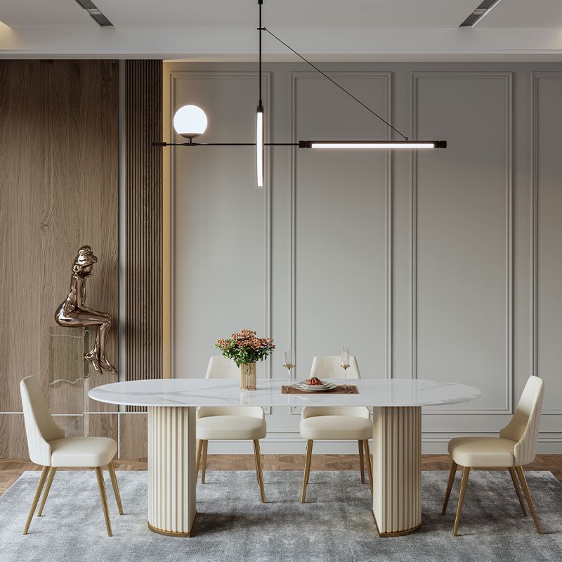 Traditional Luxury Dining Table Oval Sintered Stone Table with Double Pedestal Base