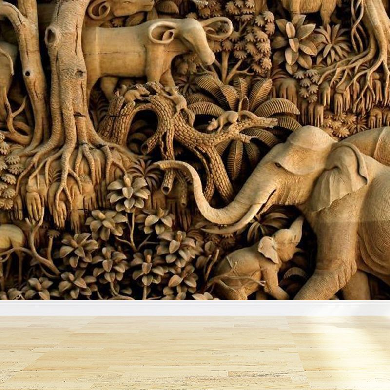 Yellow Elephant and Botanical Mural for Decoration Tropical Living Room Wall Art