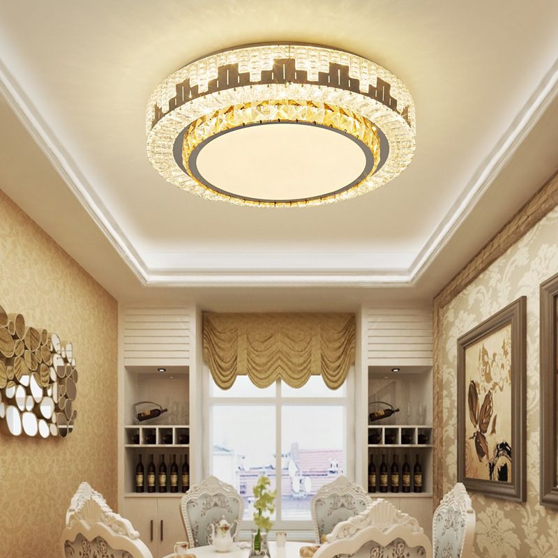 Silver Circular LED Flush Mount in Modern Luxury Style Wrought Iron Ceiling Light with Crystal Shade