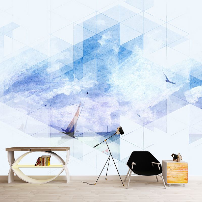 Contemporary Sailboat at Sea Mural Decal Blue and Purple Geometry Wall Art for Decoration