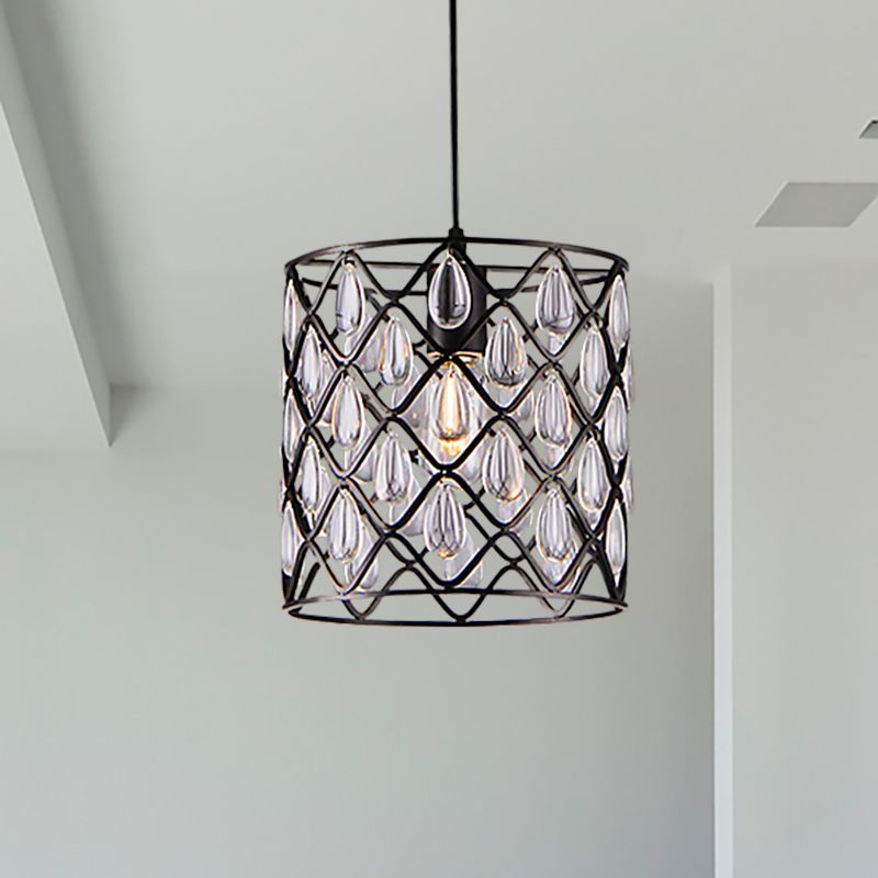 Iluminación colgante enjaulada de metal con caída de cristal deco industrial 1/4/6 luces lámpara lámpara de lámpara en negro
