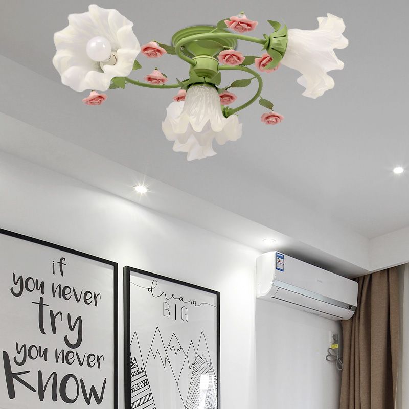 Spiral Bedroom Semi Flush Light Korean Flower Metal 4 Bulbs Green Close to Ceiling Lighting