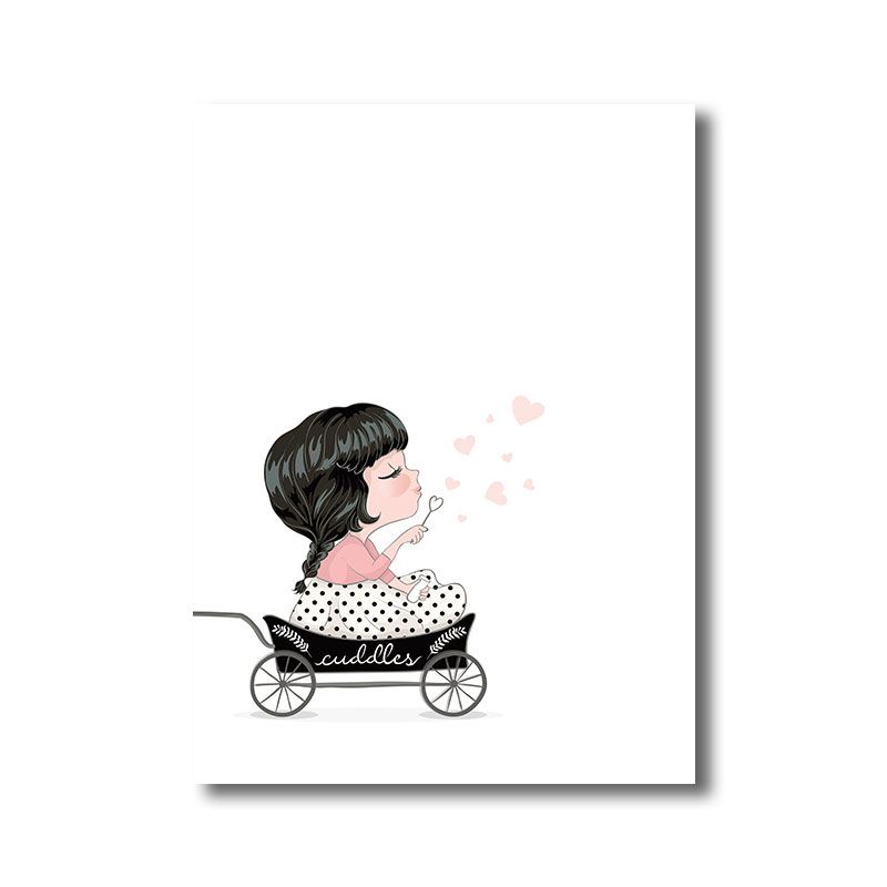 White Bear and Girl Canvas Art Decorative Cartoon for Playroom Painting, Multiple Sizes