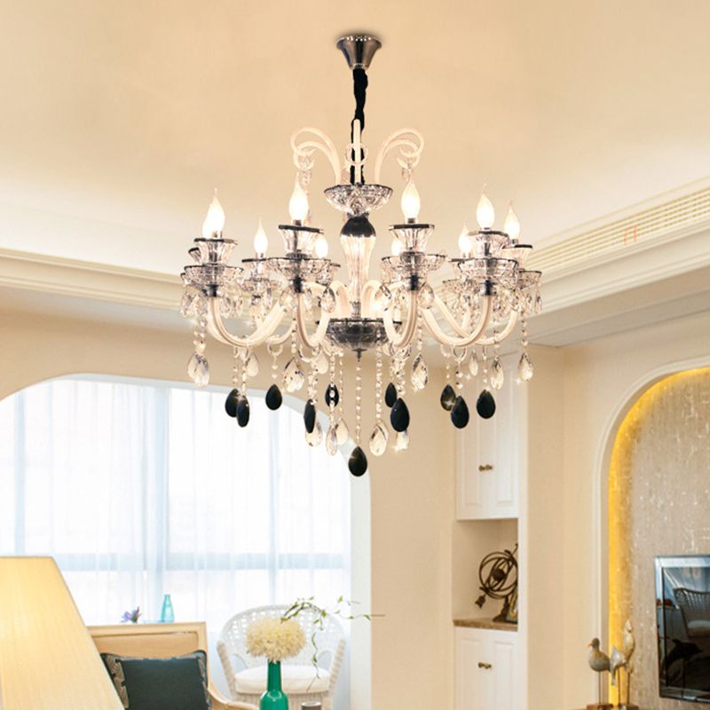 Vintage Candlestick Chandelier Lighting 10 Lights Clear and Black Crystal Pendant with Swooping Glass Arm