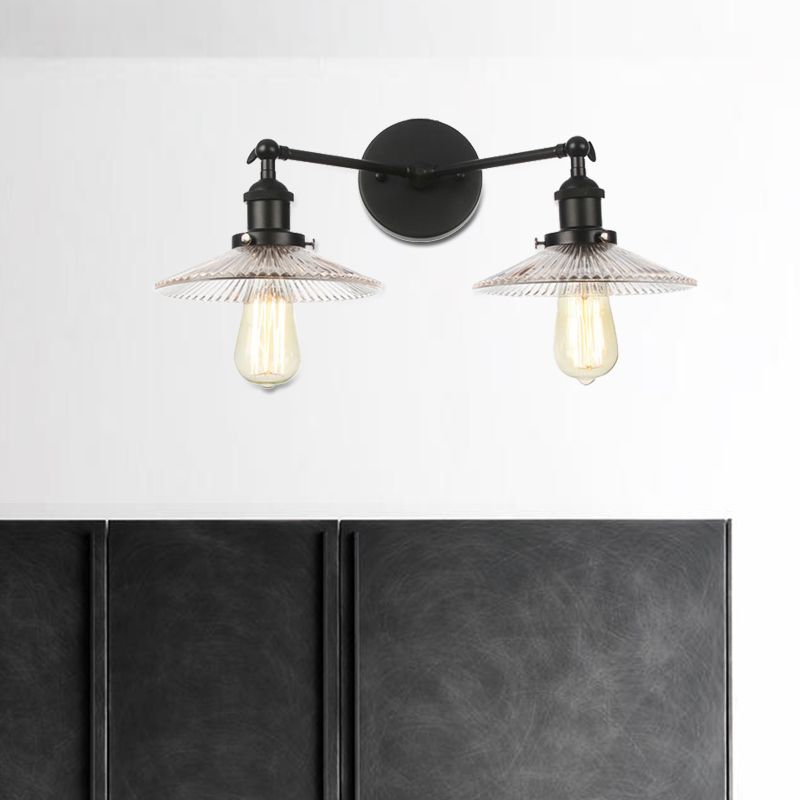 Saucer Clear Ribbed Glass Wall Sconce Light Warehouse 2 Lights Indoor Lighting Fixture in Bronze/Brass/Chrome