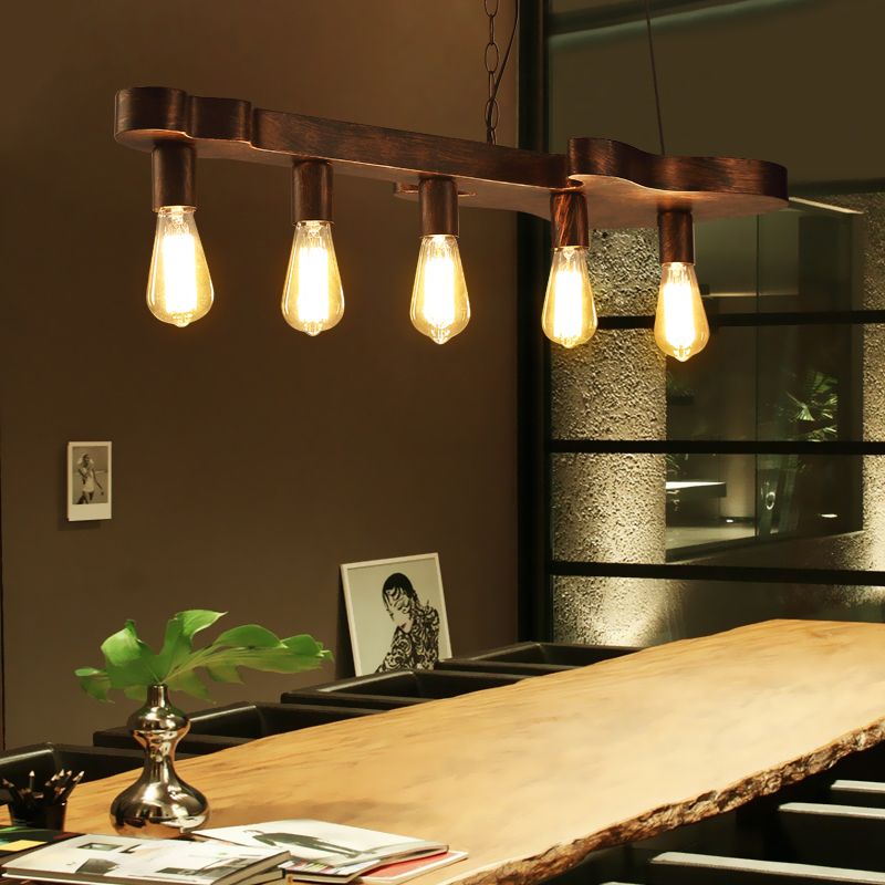Open Bulb Dining Room Island Ceiling Light Factory Metal 5-Head Rust Finish Pendant Lamp with Guitar Shaped Beam