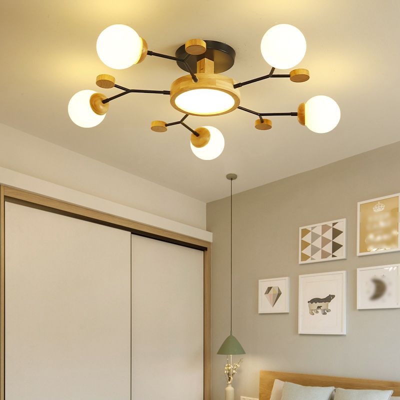 Nordic Solid Wood Ceiling Light White Glass Modos Semi Flush Light for Living Room
