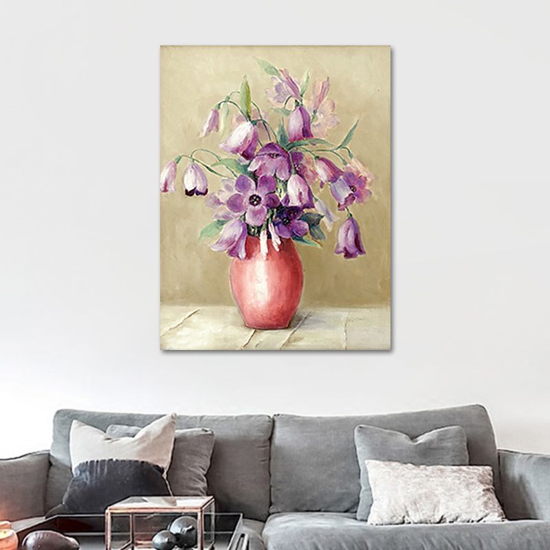 Flower and Vase Painting Canvas Modernism Textured Wall Art in Light Color