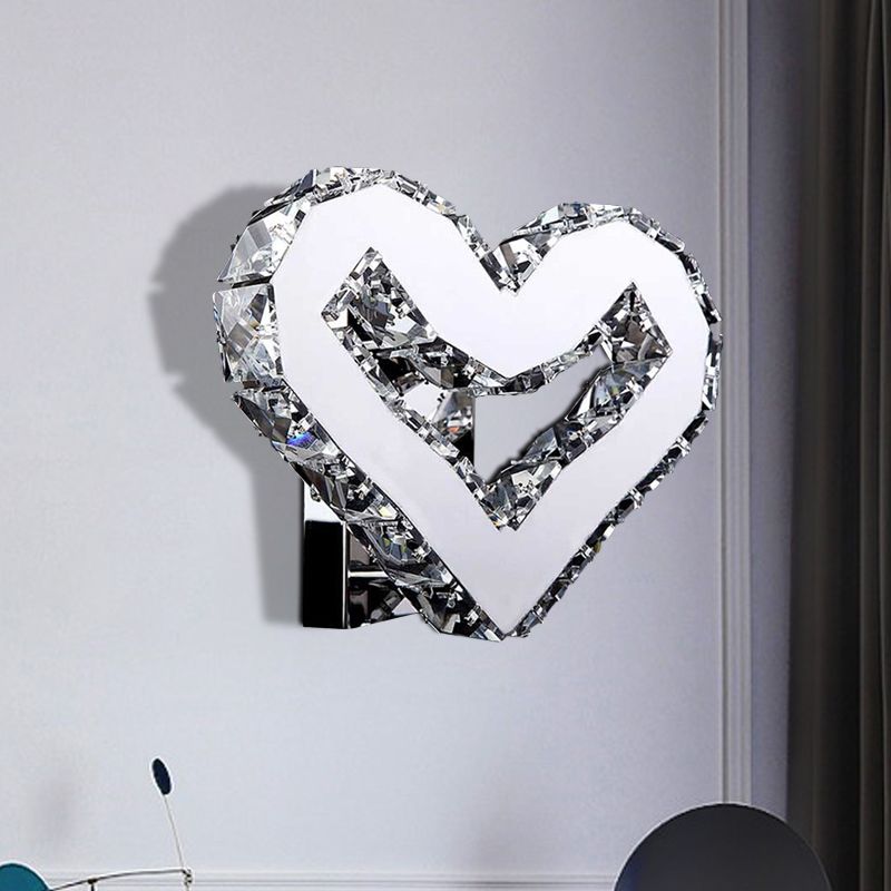 Stainless-Steel LED Loving Heart Sconce Modernism Clear Crystal Wall Mount Lamp in Warm/White Light