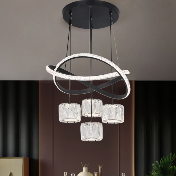 Cilindrische kristallen suspensielamp eigentijdse zwarte led plafond hanger voor eetkamer