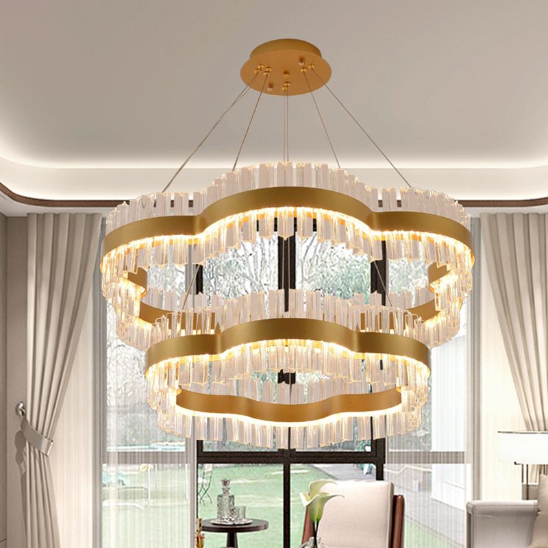 1/2 Tiers Flower Living Room Ceiling Chandelier Crystal 23.5"/31.5" Wide Led Minimalist Hanging Light Kit in Black/Gold