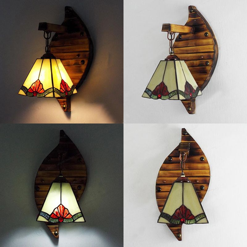 Cone Shape Wall Light Retro Style Colorful Stained Glass 1 Light Wall Sconce Lamp Fixture in White/Light Blue/Light Blue-White/Orange-Red/Yellow/White for Balcony