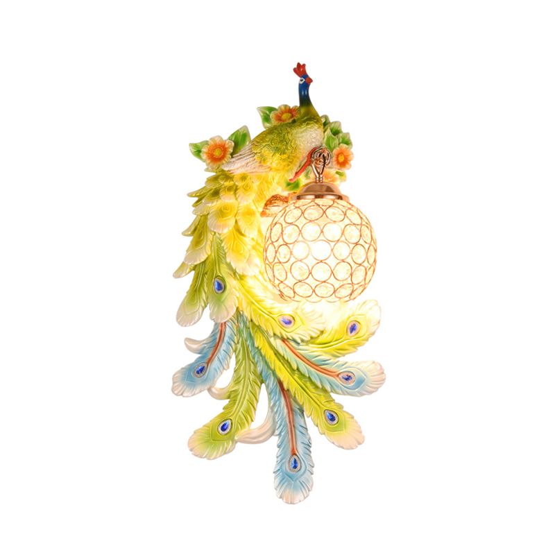 Lámpara de cristal y resina de luz de luz de pared abovedada con placa de pavo real izquierda/derecha en oro/verde, 1/2 paquetes