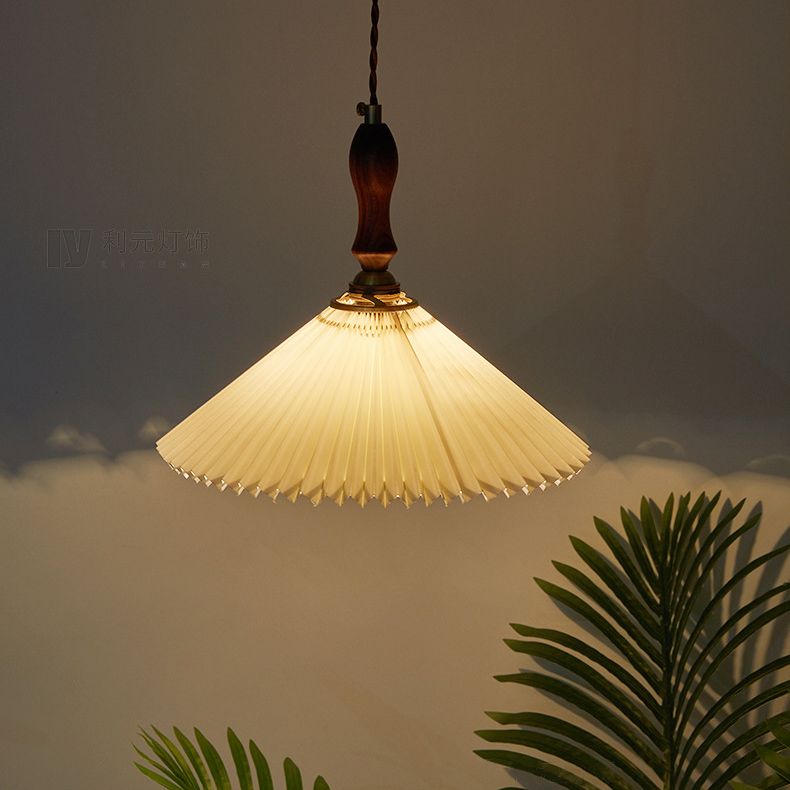 Pleated Fabric Conical Pendant Lamp Minimalist 1-Light Beige Hanging Light for Dining Room