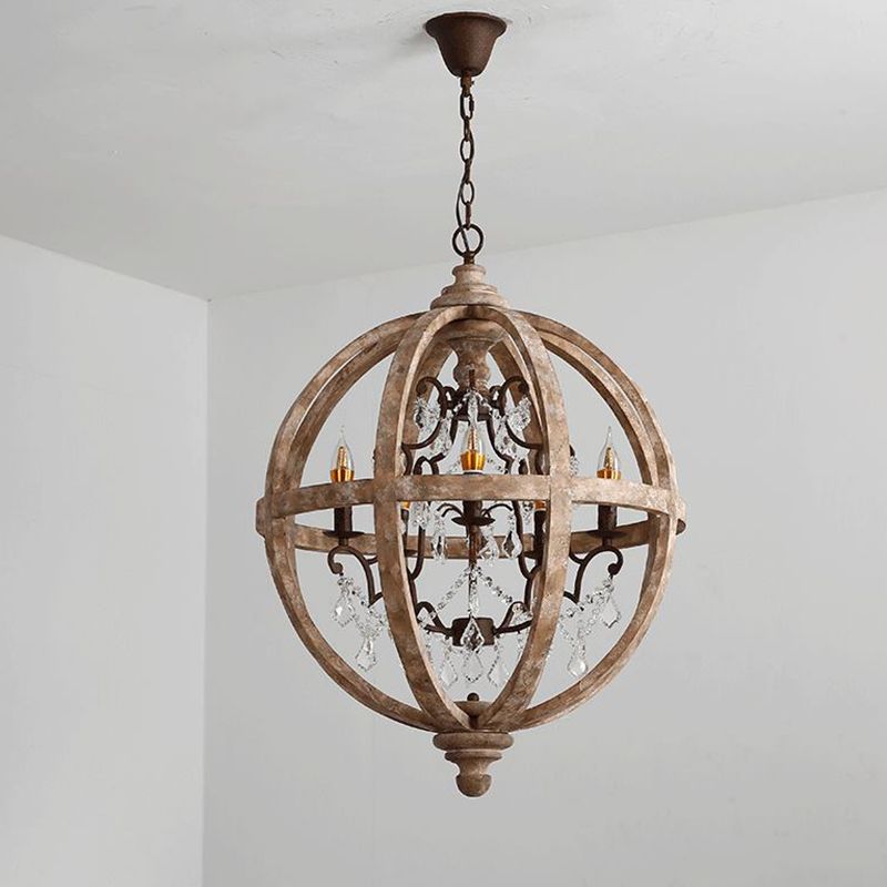 French Retro Chandelier Wood Crystal Pendant Light Fixture for Bedroom Living Room