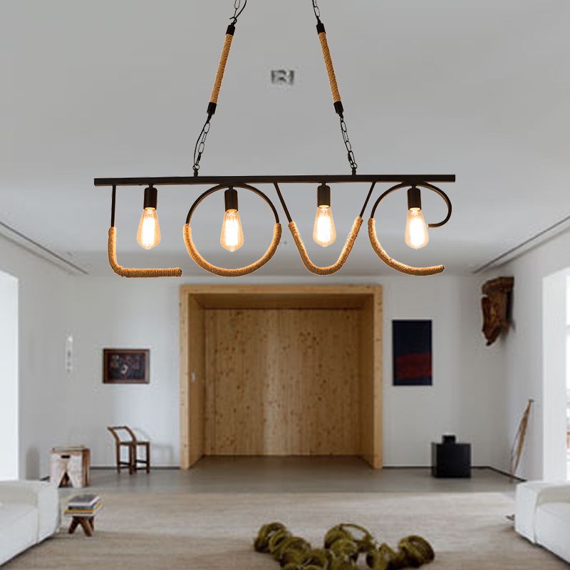 Open Bulb Metal and Rope Island Lamp with LOVE Design Industrial 4 Bulbs Restaurant Island Lighting in Beige