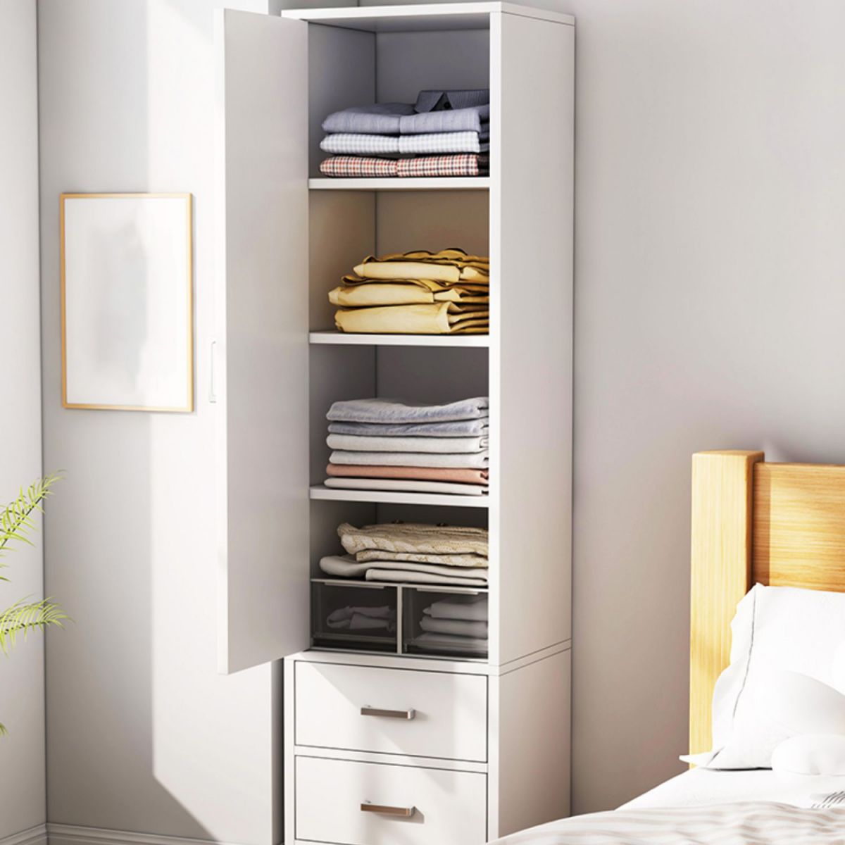 Modern Wood Freestanding Wardrobe Multifunctional Wardrobe with Hinged Door