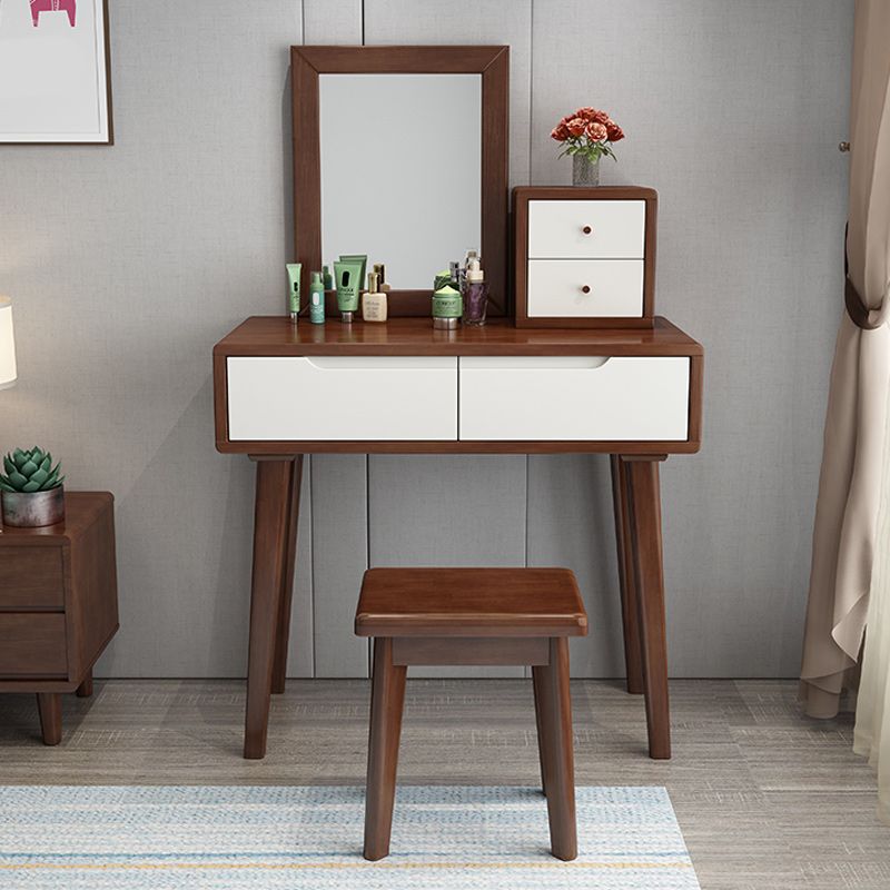 Contemporary Solid Wood Makeup Table Vanity Stool with Drawers and Mirror
