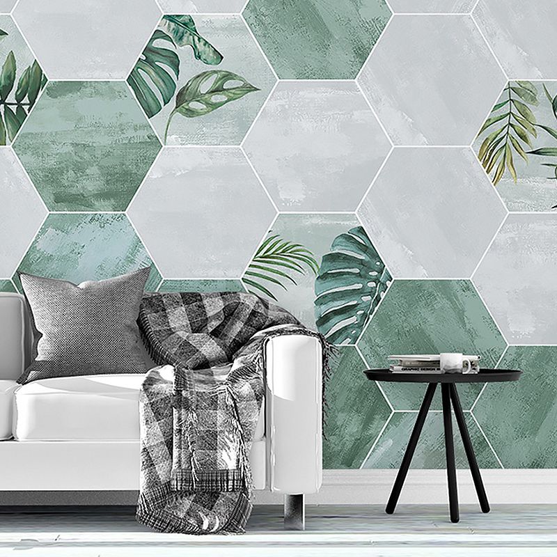 Illustration Style Modern Wall Mural with Hexagon in Green and White, Made to Measure