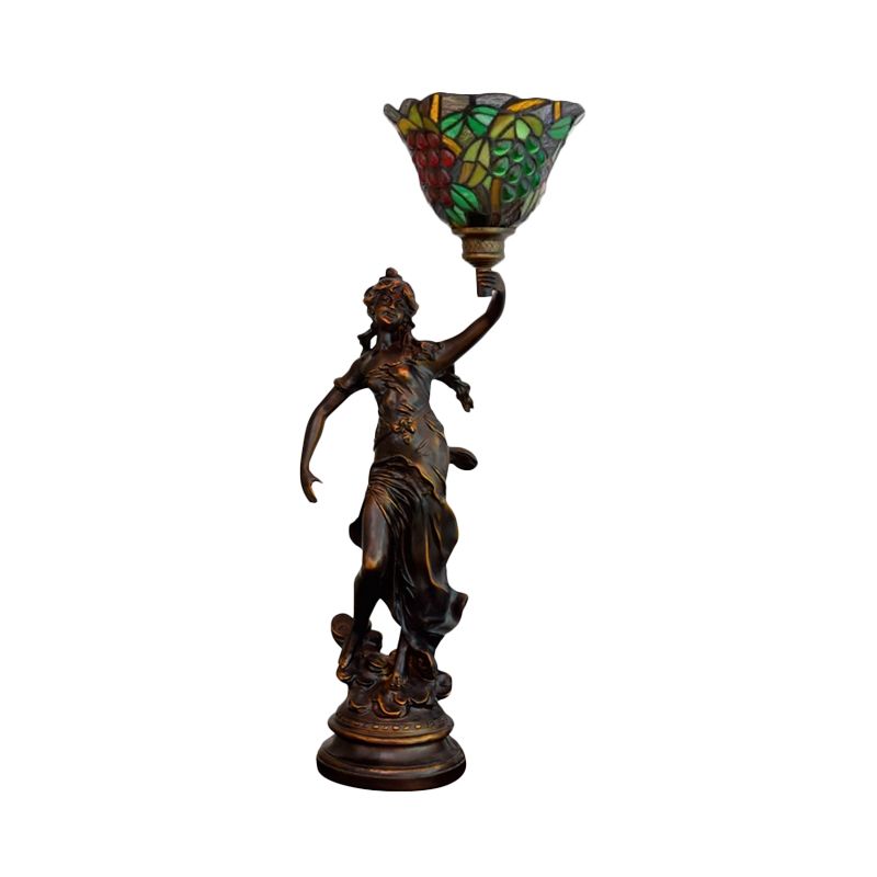 Angel Statue Night Stand Light Single White-Green/Orange/Green Floral Glass Tiffany Table Lighting in Bronze