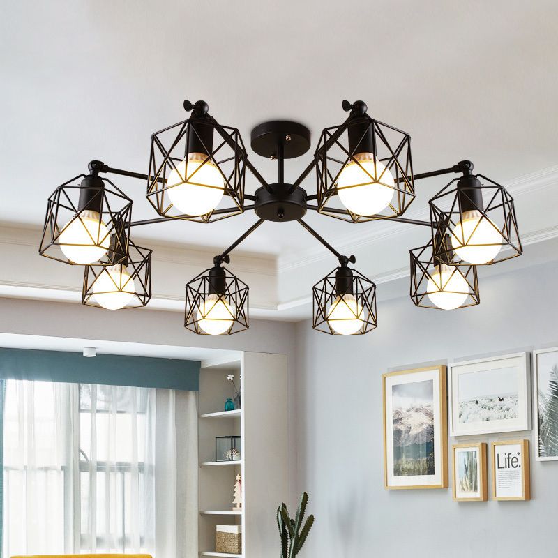 Plafonnier semi-encastré à 6/8/10 têtes avec abat-jour à cage hexagonale en métal de style vintage pour salon près du plafonnier en noir