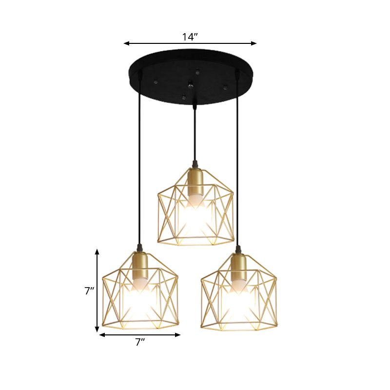 3 Lights Ceiling Light with Hexagon Cage Shade Iron Industrial Style Restaurant Hanging Light in Gold