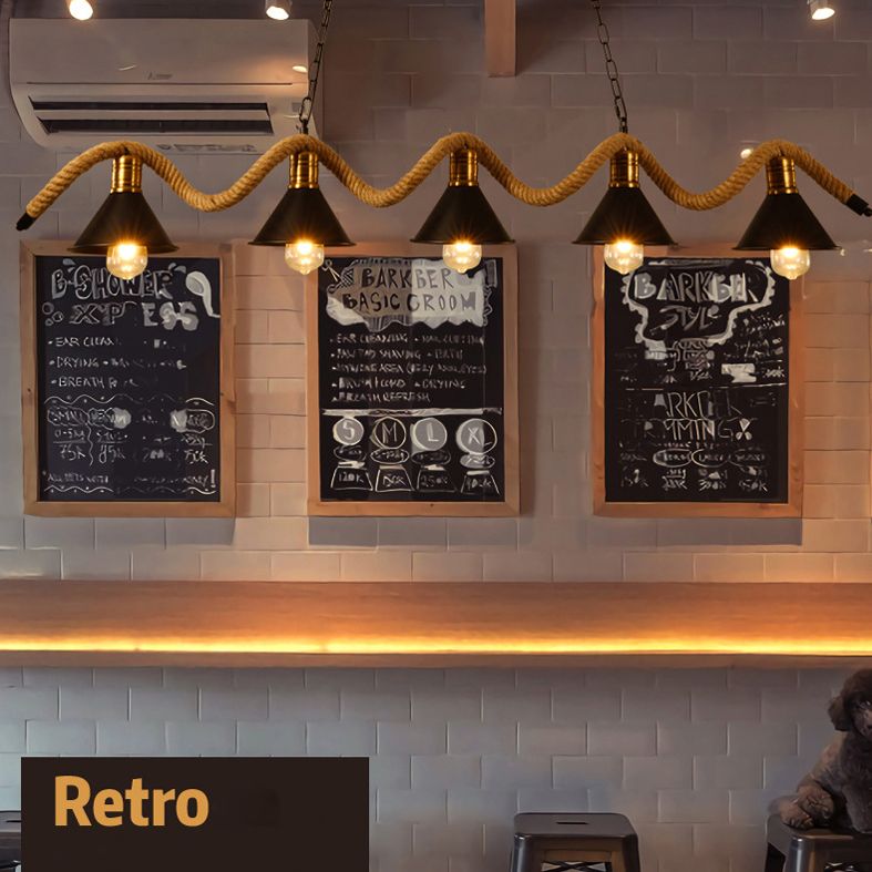 Hemp Rope Island Ceiling Light Vintage Style Restaurant Island Chandelier Light with Cone Metal Shade