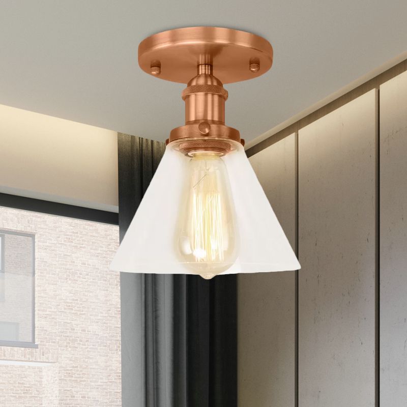 Single Bulb Semi-Flush Mount Industrial Conical Clear Glass Ceiling Light in Black / Brass / Copper