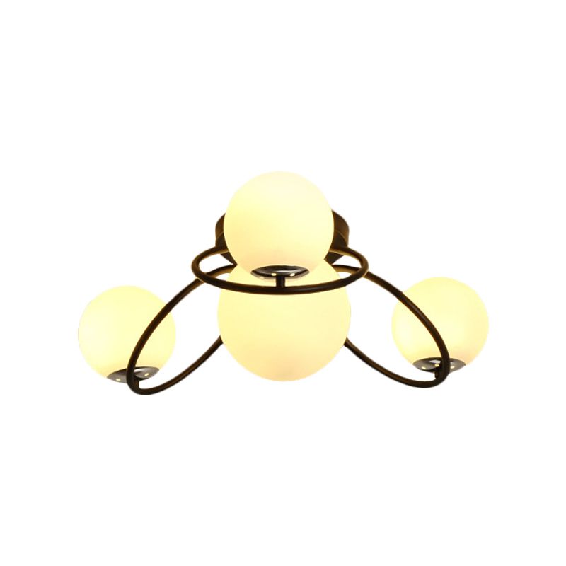 Round Opal Glass Semi Flush Mount Classic 4 Lights Living Room Ceiling Lighting in Black/White