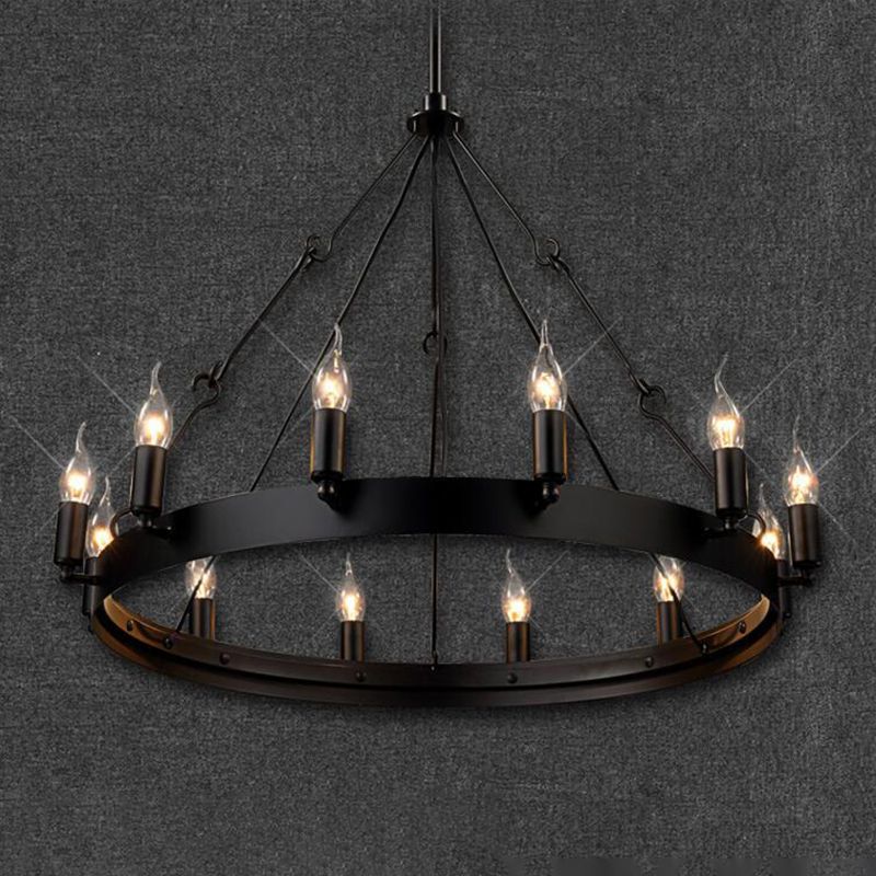 12/18 Lights Circle Chandelier Industrial Black Iron Hanging Lamp Kit with Bare Bulb Design