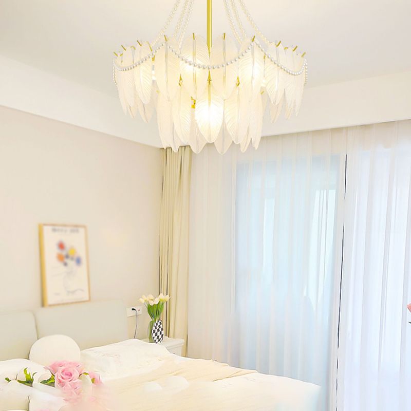 Modern Metal Ceiling Light Feather Shape Hanging Light with Glass Shade for Living Room