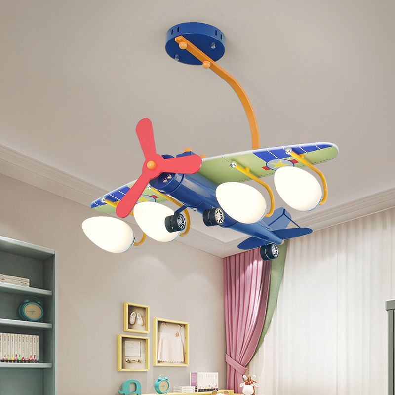 Blue Propeller Plane Chandelier 4 Bulbs Cartoon Metal Hanging Lighting for Child Bedroom