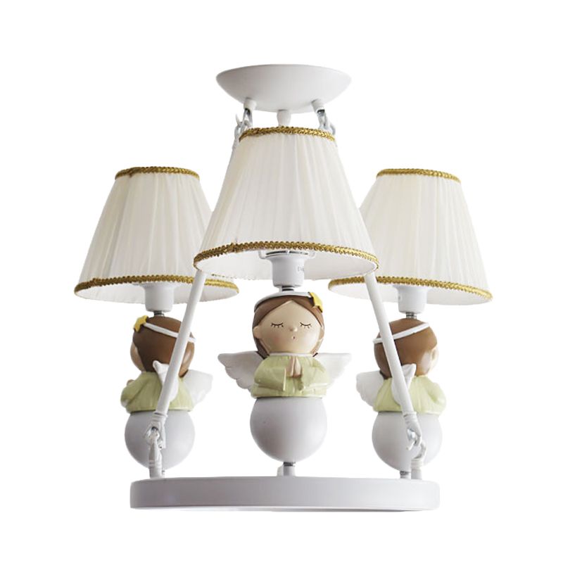 Tapered Suspension Lamp Cartoon Fabric 3 Bulbs Kids Bedroom Chandelier Light in White with Angel Design