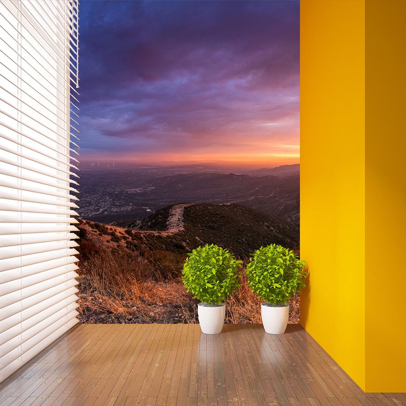 Purple Modernist Wallpaper Mural Big Sunset and Sinuous Road View from Mountain Wall Covering for Home