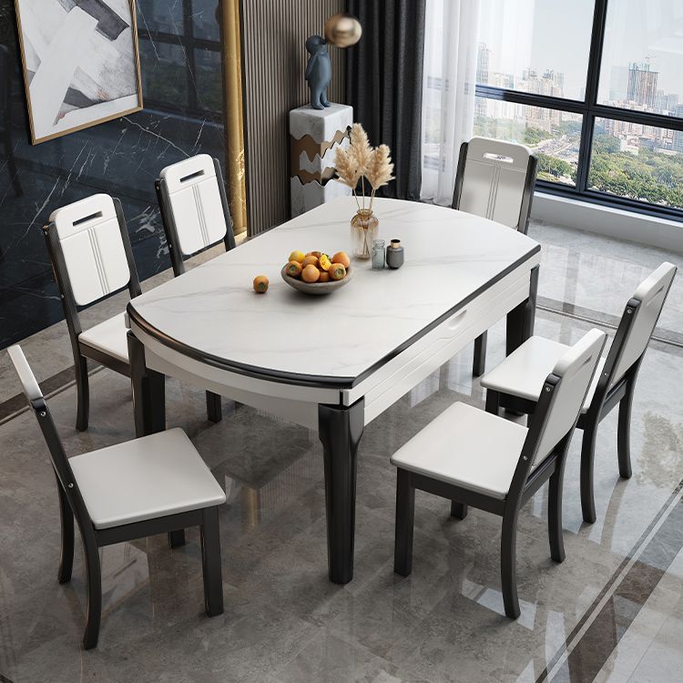 Modern Round Stone Top Dining Table Extendable for Small Spaces with Storage