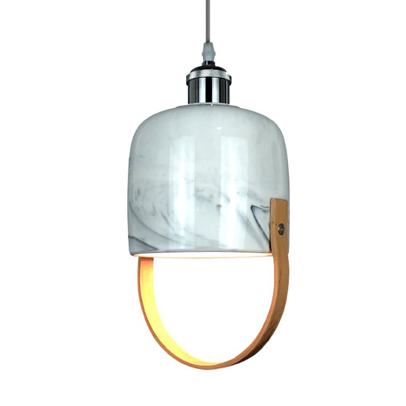 White Cup Shaped Drop Ceiling Light Modernist 1 Head Ceramics Pendant Lamp Fixture with Wood Handle